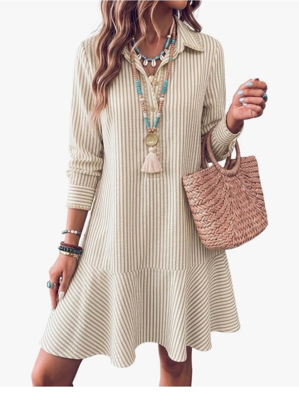 DOKOTOO Striped Collared Long-Sleeve Swing Dress in Cream NEW LARGE